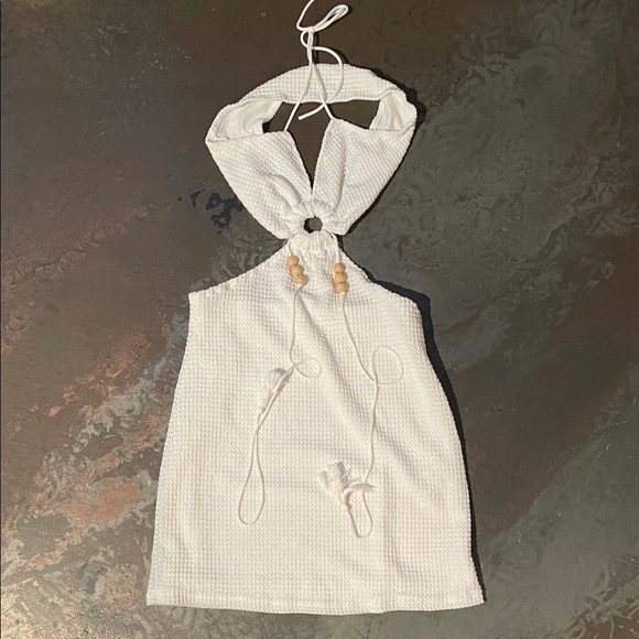 White Halter Neck Dress with Wooden Beads swimsuit cover up - Picture 1 of 3
